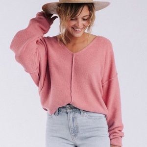 Free People Take Me Places V-Neck Oversized Boho Sweater Pink Large